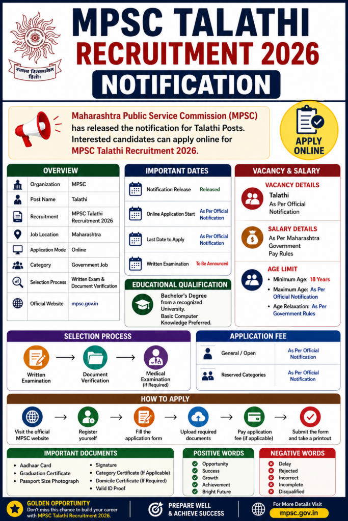 This image provides complete information about MPSC Talathi Recruitment 2026, including the notification, vacancy details, educational qualification, age limit, salary, application process, selection process, required documents, important dates, and other essential details for candidates applying for Talathi posts in Maharashtra.